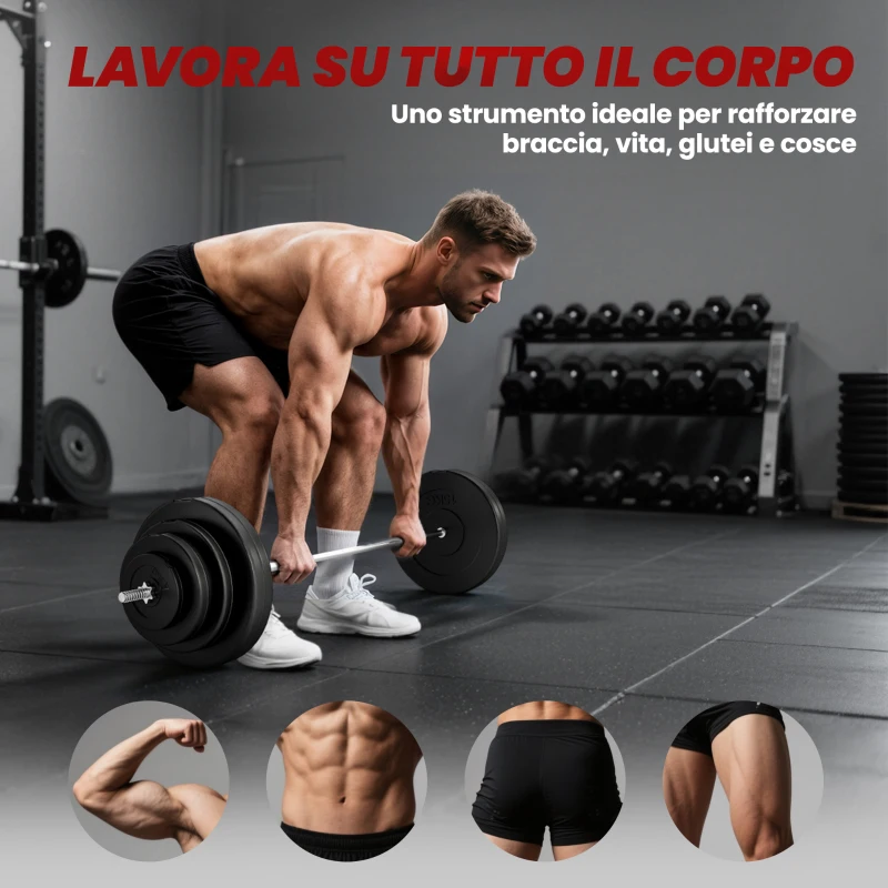 HOMCOM Set di Bilanciere e Dischi da 70 kg totali con 8 Pesi, Bilanciere Palestra Regolabile Antiscivolo in Acciaio, Plastica e Sabbia, Barra Ø25 mm, 170x40.5x40.5cm, Nero