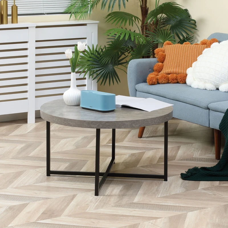 HOMCOM Table basse ronde effet béton ciré en bois et métal - Ø 80 x 45 cm - piètement croisé