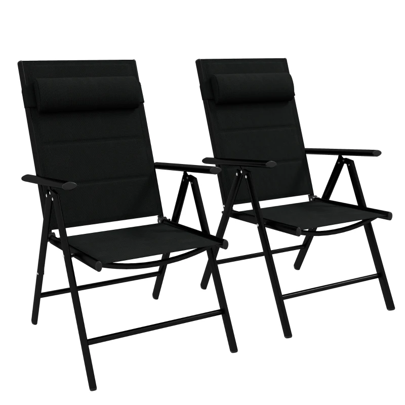 Outsunny Lot de 2 chaises pliantes de jardin avec appui-tête, accoudoirs et structure en aluminium dim. 54 x 67 x 108 cm Noir
