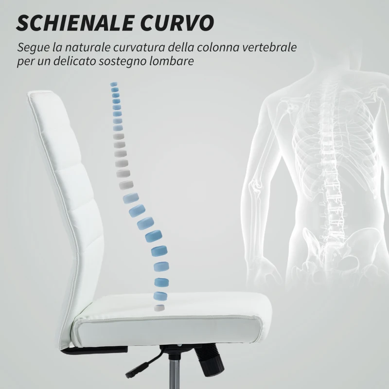 HOMCOM Sedia da Ufficio Ergonomica e Regolabile con Schienale Ricurvo, in Pelle PU e Acciaio, 58x53x97-107 cm, Bianco