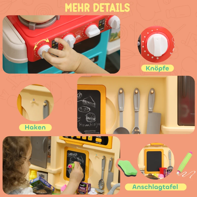 AIYAPLAY Spielküche mit fließendem Wasser, 85-teiliges Zubehör, elektrischer Wasserhahn, Lichter, Geräusche, für Kinder von 3-6 Jahren, Kunststoff, Grün