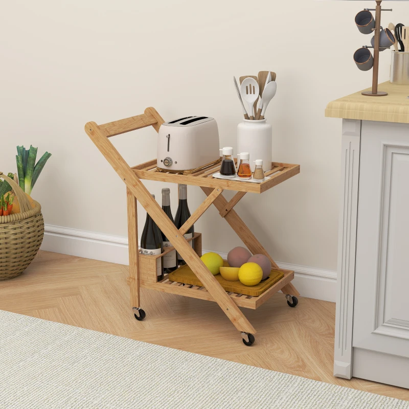 HOMCOM Desserte de cuisine en bambou chariot de service pliable 2 plateaux 4 roues 3 casiers à vin 66 x 40 x 70 cm bois naturel