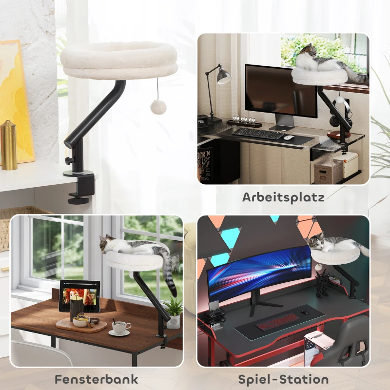 PawHut Katzen-Schreibtischbett, Katzenbett für Schreibtisch mit 360°Drehung, verstellbarer Höhe, Katzenliege mit abnehmbarem, maschinenwaschbarem Bett, für Katzen unter 6 kg, Heimbüro, Cremeweiß