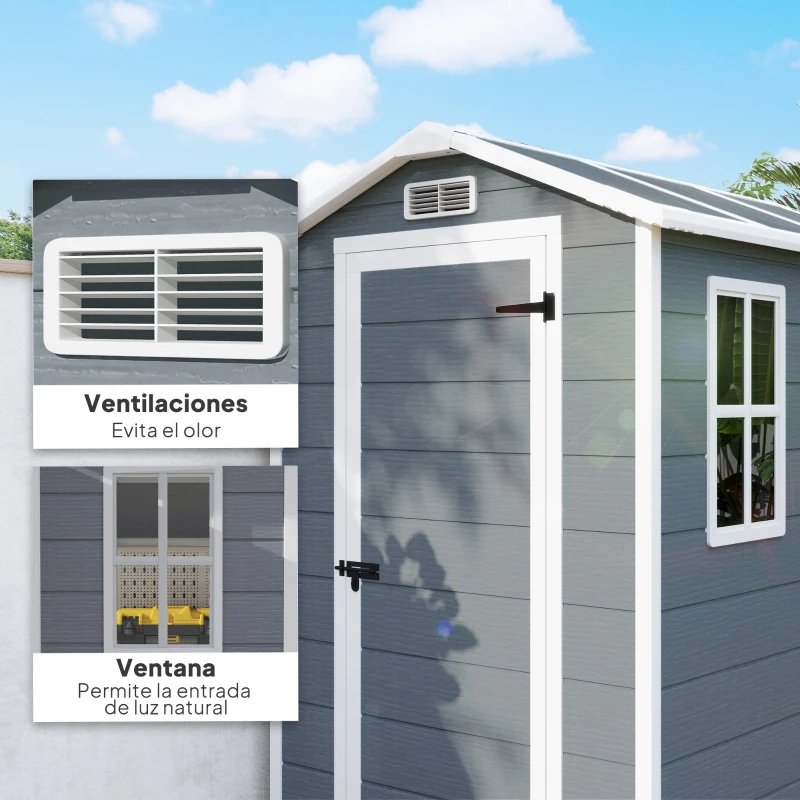 Outsunny Cobertizo de Jardín Exterior 2,1 m² 131x186x198 cm Caseta de Jardín con Suelo Ventana y Puerta con Cerradura Gris