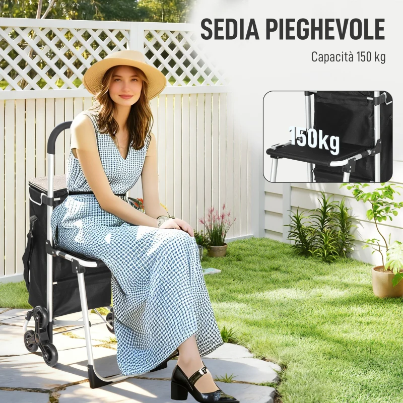 HOMCOM Carrello della Spesa in Alluminio con Borsa da 40L Impermeabile e Sedile, 46x59.5x97 cm, Nero e Argento