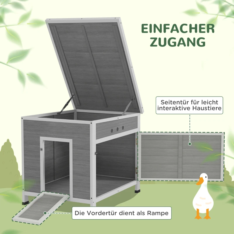 PawHut Entenstall, Entenhaus mit Seitentür, Belüftungslöchern, Geflügelstall Hühnerhaus aus Tannenholz, Gänsestall, Hühnerstall mit wasserdichtem Asphaltdach, 63 x 82 x 76 cm, Hellgrau