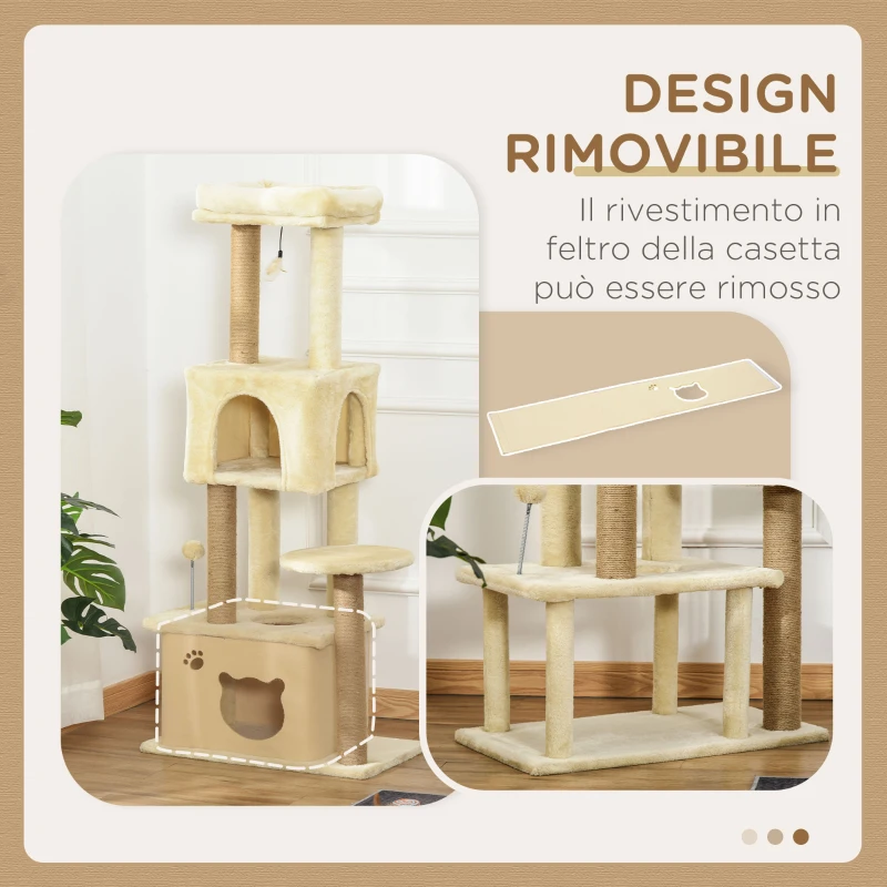 PawHut Albero Tiragraffi per Gatti Alto 136 cm con Cuccia Rimovibile, Casetta e Lettino, Pali in Iuta, Beige