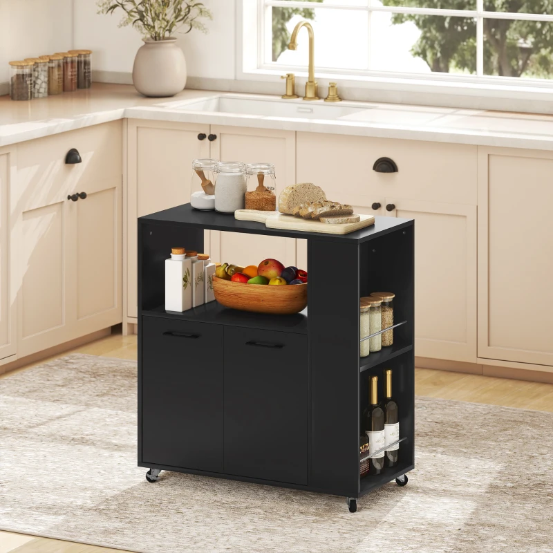 HOMCOM Küchenwagen aus Holz mit offenem Ablagefach, Schrank und Seitengestell, 75x40x80.5 cm, Schwarz