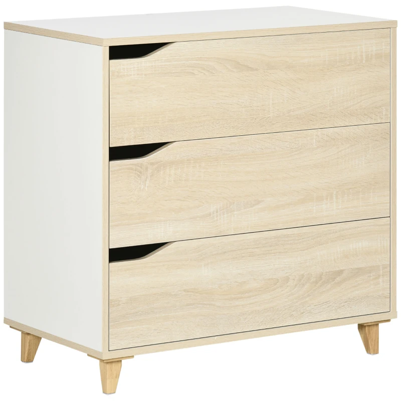 HOMCOM Commode avec 3 tiroirs meuble de rangement bicolore blanc et aspect bois - 75 x 42 x 75 cm