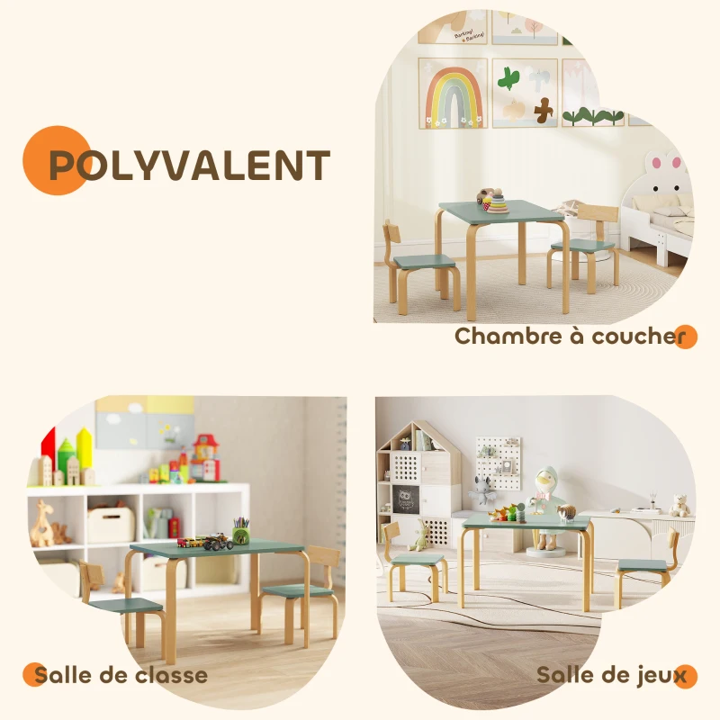AIYAPLAY Table enfant avec chaises, lot table et 2 chaises enfant en bois pour dessiner, jouer, étudier, 78x53x53cm, vert