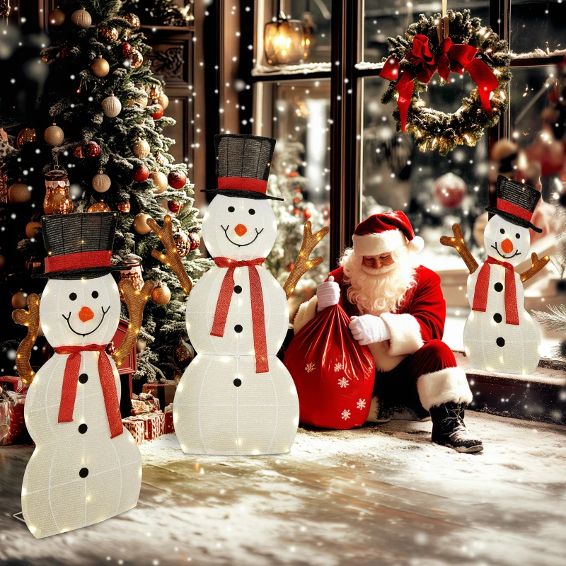 Outsunny 3-delige feestelijke sneeuwmanfamilie, buitendecoratie, LED-lampjes, grondpennen, waterdicht, staal, polyester, wit