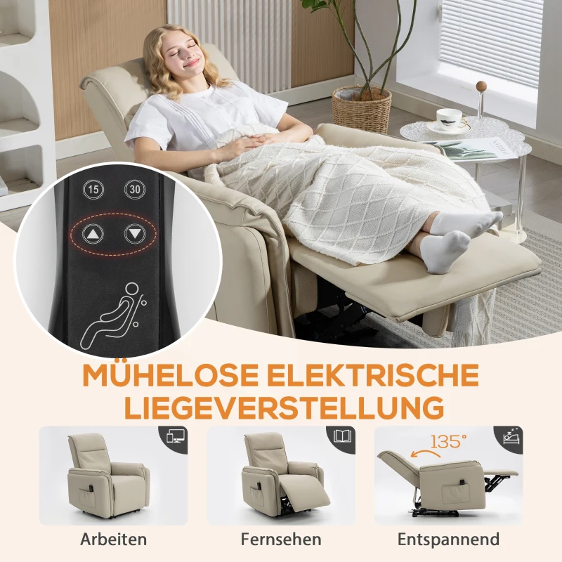 HOMCOM Elektrischer Massagesessel, Kunstlederbezug, Fußstütze, Seitentasche, Beige