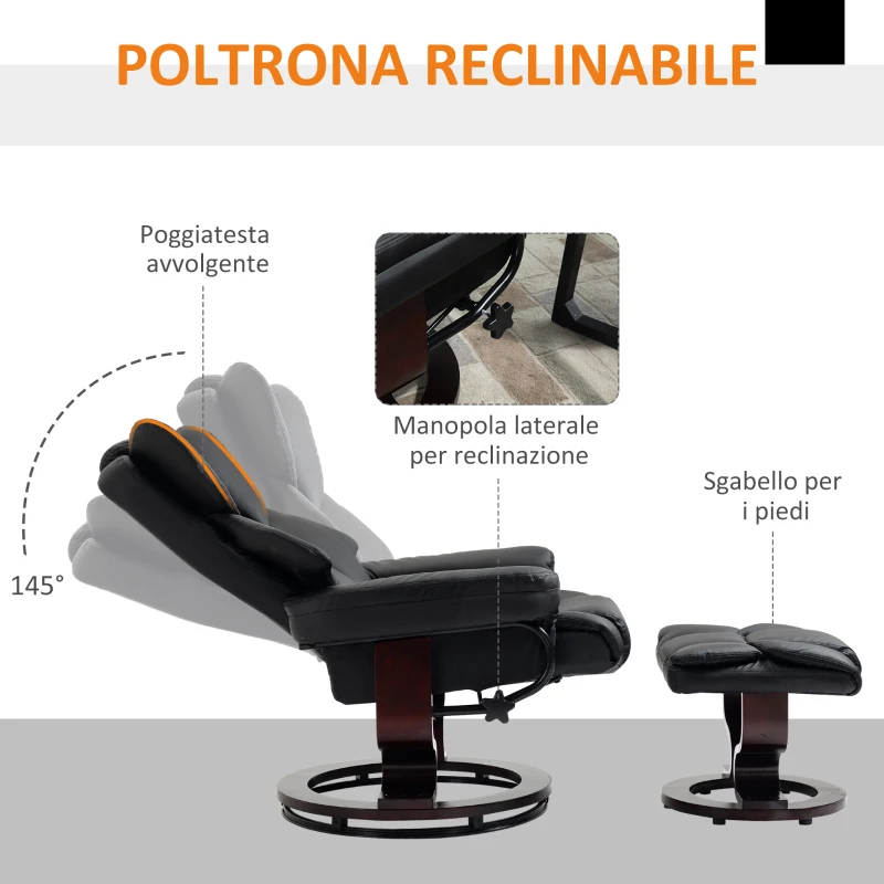 HOMCOM Poltrona Relax e Pouf Poggiapiedi, Reclinabile a 145° con Seduta Girevole in Finta Pelle, Nero