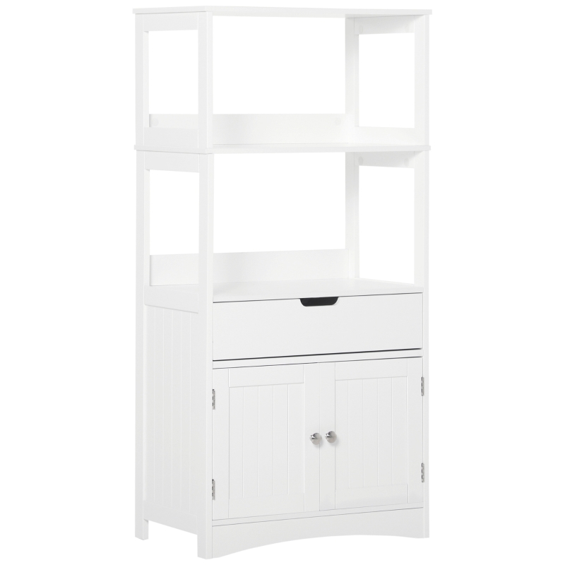 kleankin Meuble de Rangement Salle de Bain - 2 Portes, tiroir, 3 étagères - dim. 60L x 33l x 122H cm - MDF Blanc