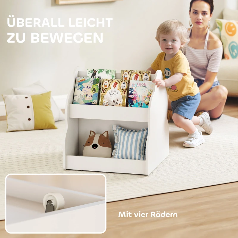 AIYAPLAY Kinderregal, 2-stöckiges Kinder-Bücherregal mit Rädern, 4 Regalen, für Kinderzimmer, Spielzimmer, 54x50x56 cm, Weiß