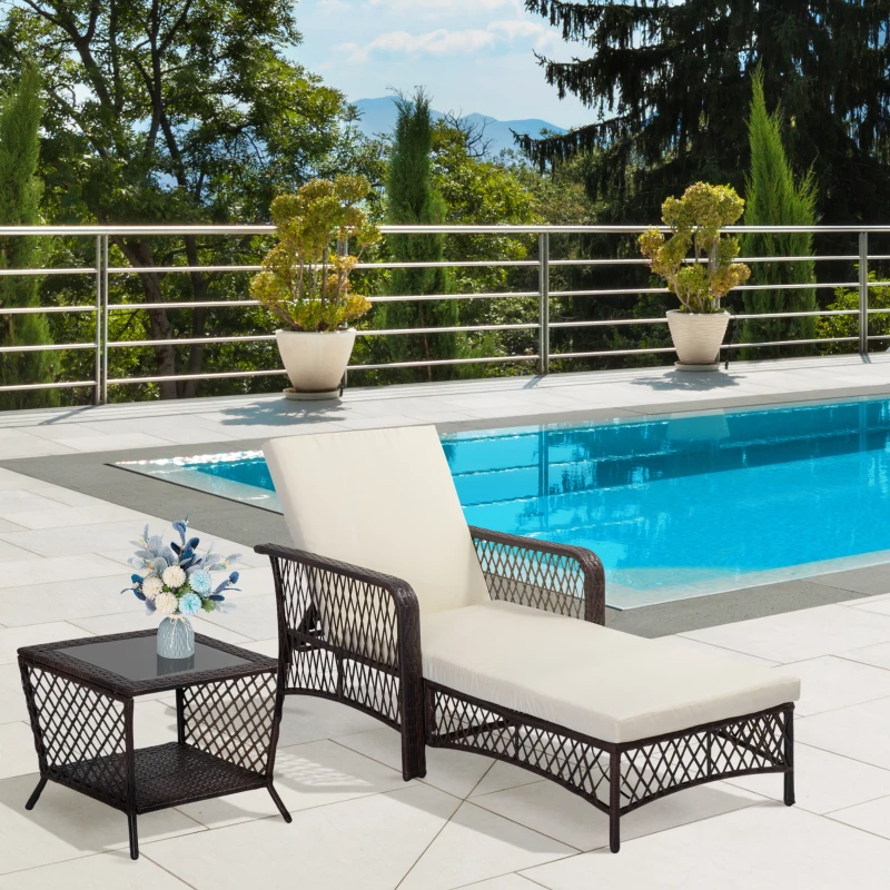 Outsunny Transat bain de soleil d'extérieur avec table d'appoint et matelas - dossier inclinable - résine tressée - marron et crème