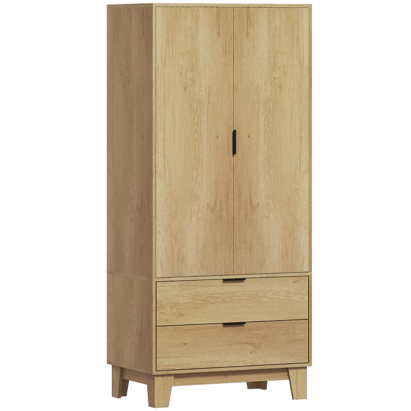 HOMCOM Armoire chambre penderie avec 2 portes à fermeture douce, 2 tiroirs et barre de suspension, 80x50x180cm, bois naturel