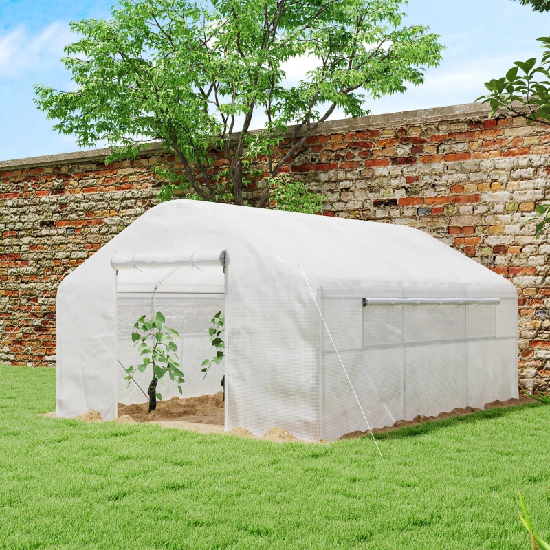 Outsunny Serre de jardin 4 x 3 x 2m avec portes enroulables et grandes fenêtres, serre tunnel de jardin, blanc(m-10)