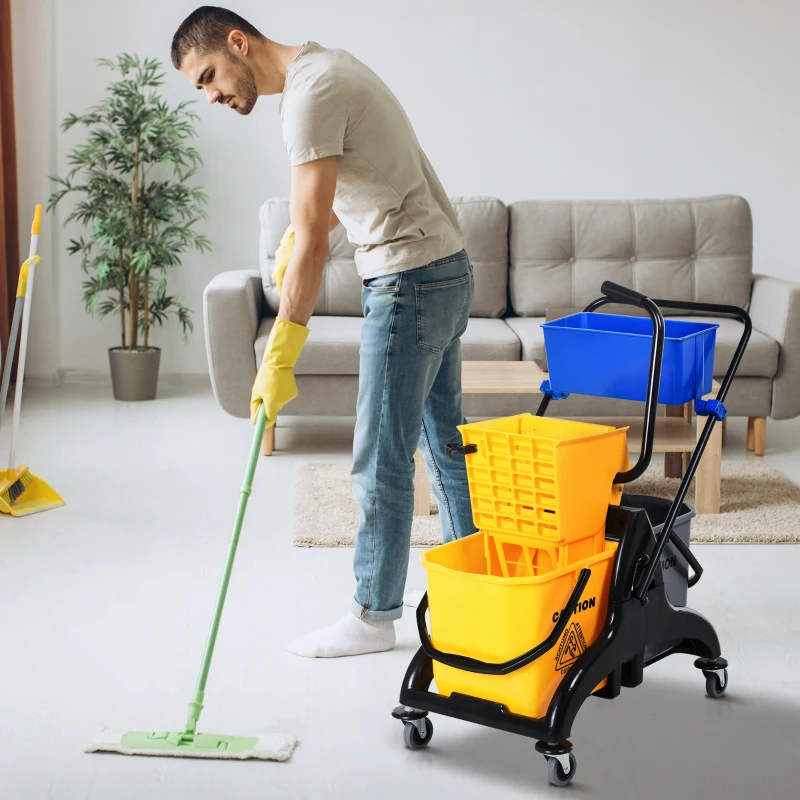 HOMCOM Chariot de ménage chariot de lavage essoreuse latérale seau 26 L + panier de rangements 78 x 45 x 95 cm jaune