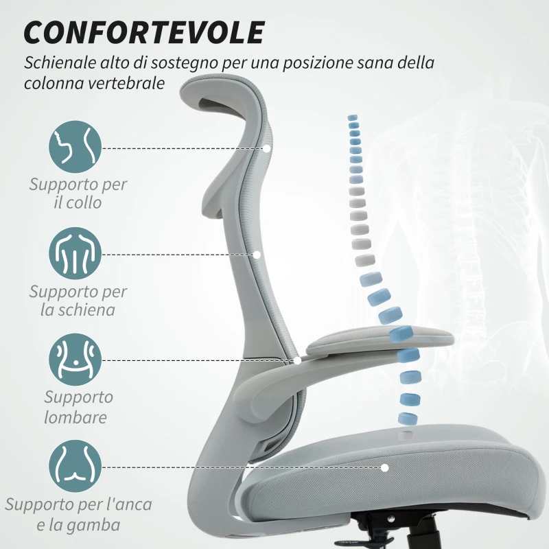 HOMCOM Sedia da Ufficio Ergonomica con Braccioli Regolabili, Schienale a Rete e Poggiatesta, Grigio