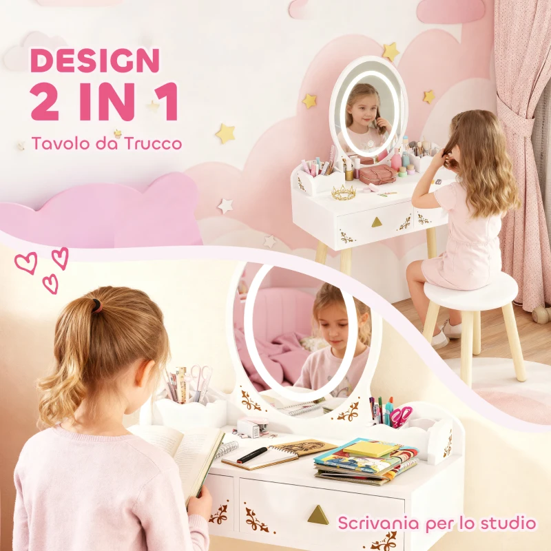 AIYAPLAY Set Toeletta per Bambini da 3 Anni con Specchio Illuminato e Sgabello, 2 Cassetti e 2 Scatole, Bianco