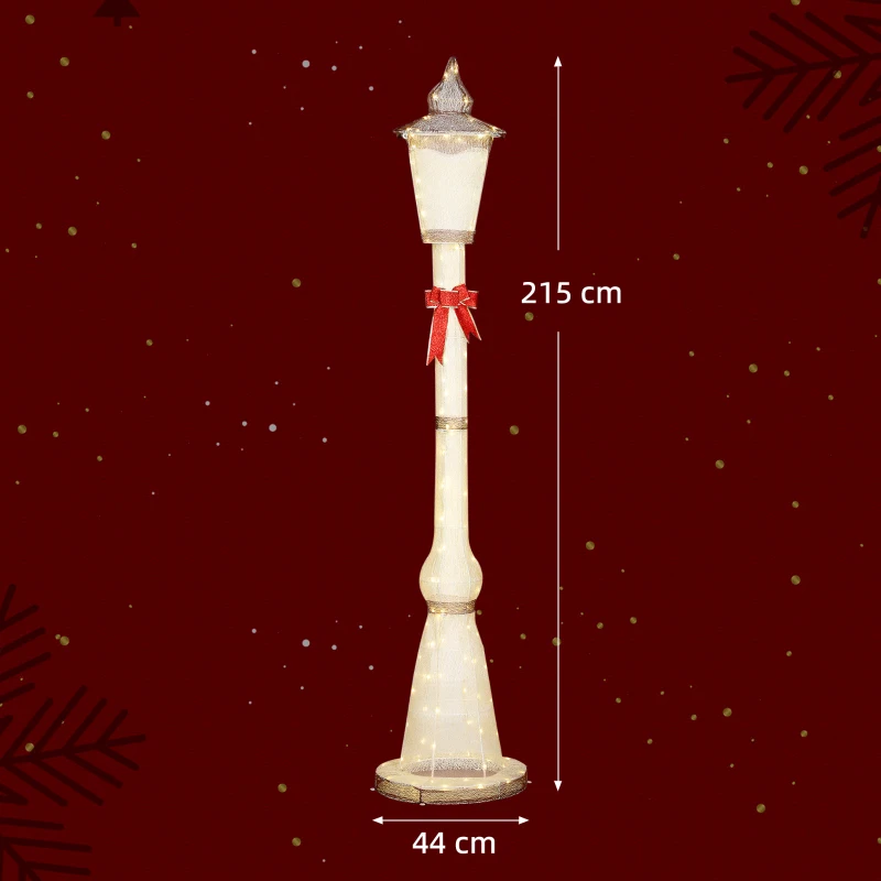 Outsunny 2,15 m verlichte lantaarnpaal, 155 LEDs, outdoor kerstlantaarn, rode strik, waterdicht, voor tuin, terras