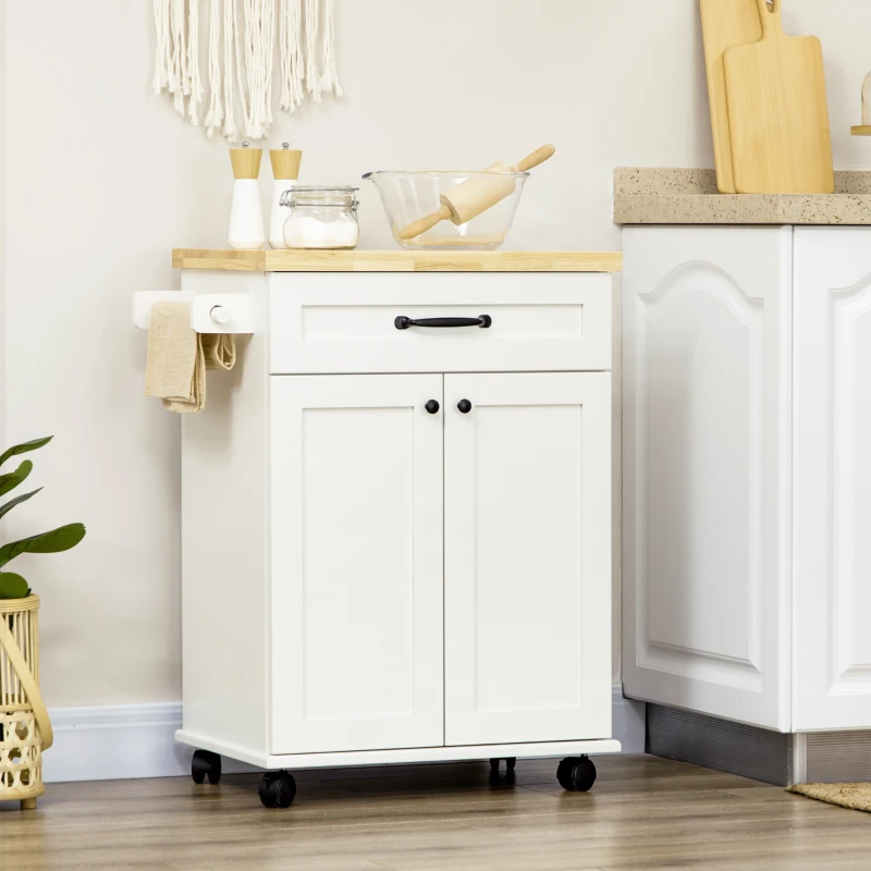 HOMCOM Desserte de cuisine à roulettes multi-rangements 1 tiroir 1 placard 1 portes-torchons blanc et plateau en bois