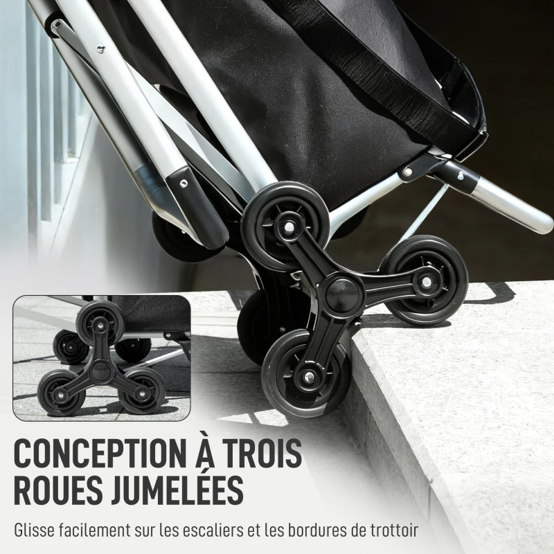HOMCOM Chariot de courses pliable caddie de courses portable à roulettes avec siège pliable, sac amovible, 46x59,5x97cm, noir
