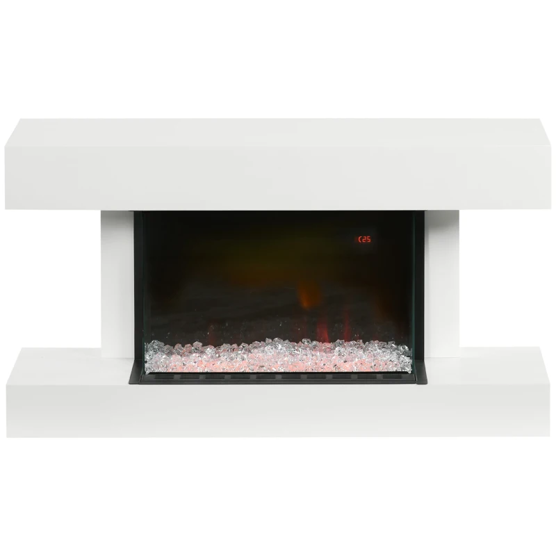 HOMCOM Elektrokamin, Wandkamin mit Heizung 2000 W, LED 3D-Flammeneffekt, Kristalle, in 11 Farben mit 3 Helligkeitsstufen, Elektrischer Kamin mit Fernbedienung, Timer, Wandmontage, Weiß