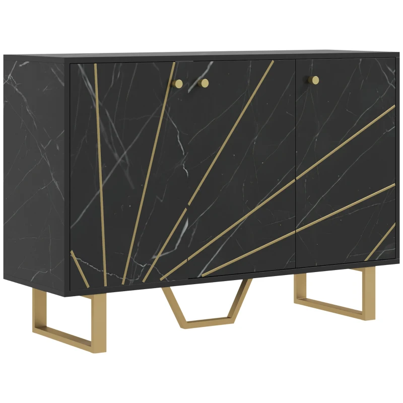 HOMCOM Meuble de rangement buffet salon avec 2 placards 3 portes et étagère réglable, pieds en métal, aspect marbre noir