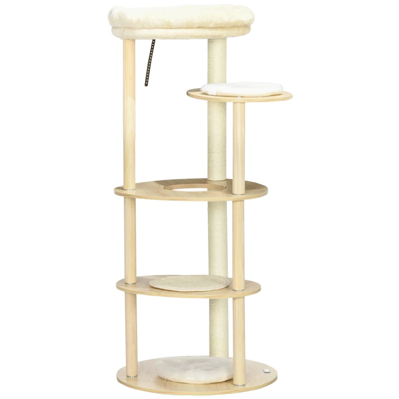 PawHut Arbre à chat griffoir grattoir avec poteaux sisal coussin amovible plateforme peluche et bois hauteur 123,5 cm beige