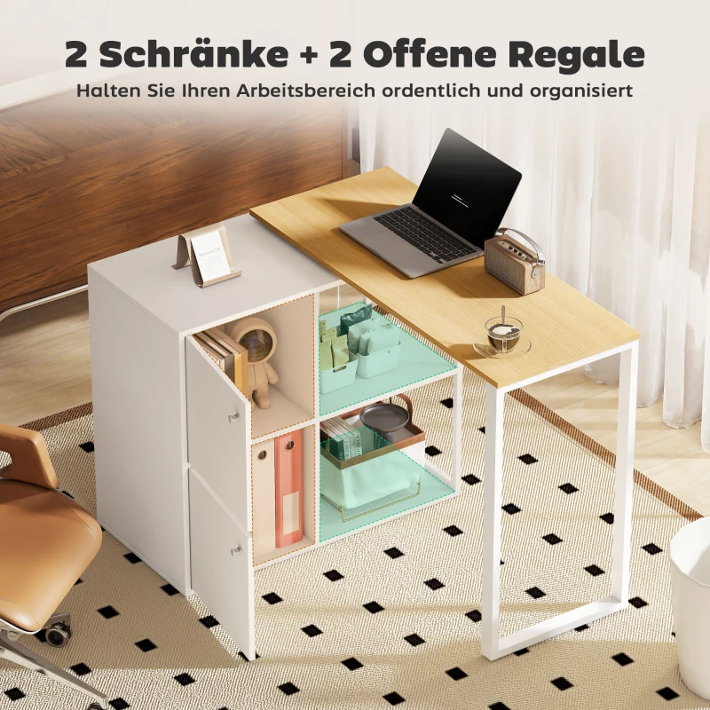 HOMCOM Schreibtisch L-förmig, 360° drehbarer Eckschreibtisch mit 2 Lagerschränken, 2 offenen Regalen, Computertisch für kleine Räume, Arbeitszimmer, Wohnzimmer, 150x40x75 cm, Weiß