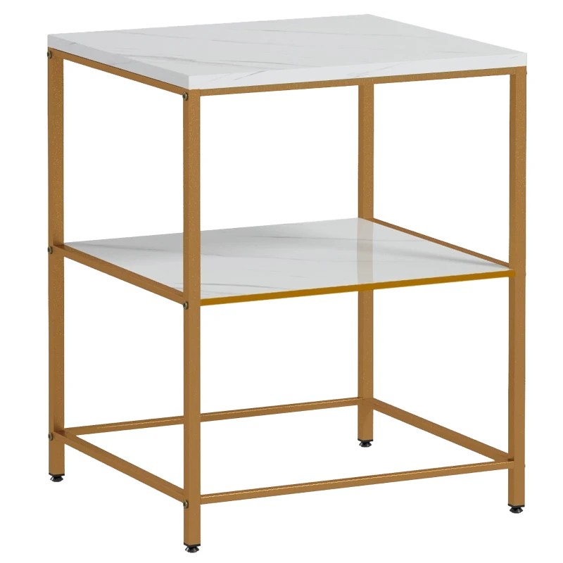 HOMCOM Table d'appoint, bout de canapé avec 2 étagères effet marbre et structure en métal doré, 44L x 40l x 54,5H cm