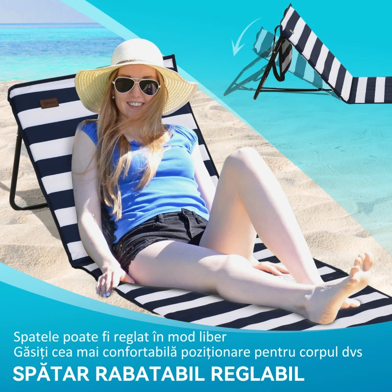 Outsunny Set 2 Șezlonguri Pliabile cu Unghi Reglabil și Buzunar cu Fermoar, 142x51x40 cm, Albastru