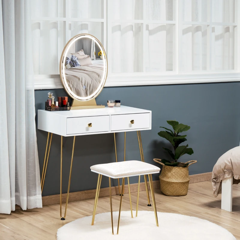 HOMCOM Coiffeuse Table de maquillage moderne - Miroir LED réglable intégré - Tabouret Inclus - pied en métal doré - 2 tiroirs + 1 Organisateur Blanc