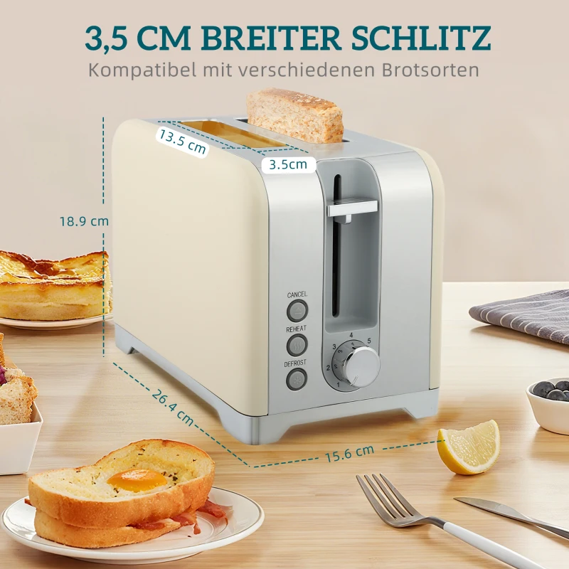 HOMCOM Wasserkocher- und Toaster-Set, 2200W, 7 Bräunungsstufen, versch. Funktionen, Creme