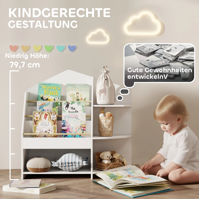 AIYAPLAY Kinderregal mit 7 Regalen für Bücher, Spielzeug, runde Kanten, trägt 40 kg, Weiß