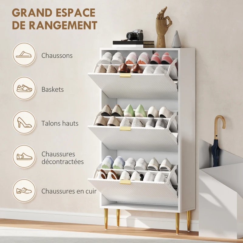 HOMCOM Meuble à chaussures 18 paires avec 3 tiroirs rabattables, portes cannelées et étagères réglables, 60x24x128cm, blanc