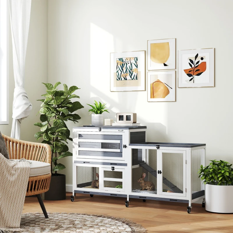 PawHut Conejera de madera de 2 pisos con ruedas, 3 bandejas, para 2-3 conejos, 147x45x89,5 cm, Gris