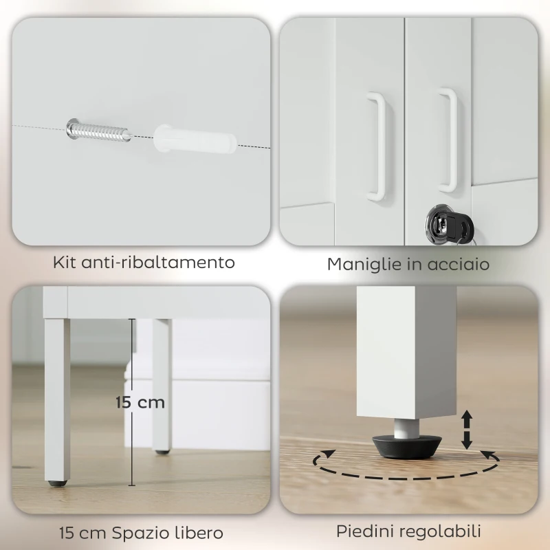 HOMCOM Armadio per Ufficio in Acciaio a 3 Ripiani Regolabili con Serratura e 2 Chiavi, 80x40x175 cm, Bianco