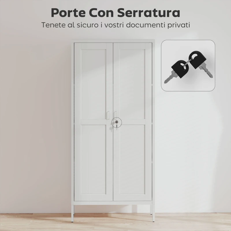 HOMCOM Armadio per Ufficio in Acciaio a 3 Ripiani Regolabili con Serratura e 2 Chiavi, 80x40x175 cm, Bianco