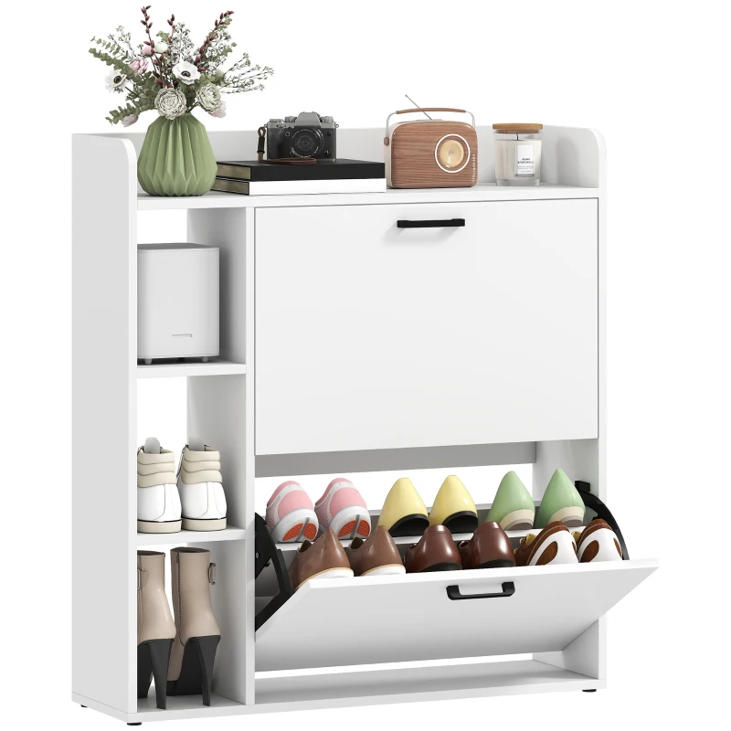 HOMCOM Slim-Schuhschrank mit 2 Klappfächern und 3 offenen Fächern, Kapazität 15 Schuhe, 83x24x90,5 cm, Weiß