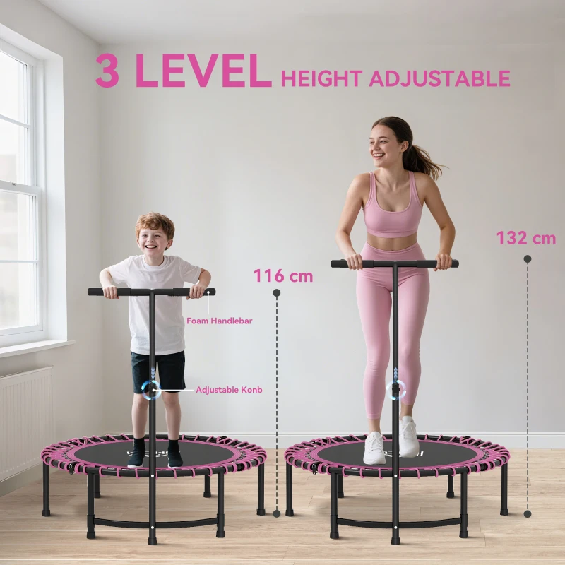HOMCOM 45" Foldable Mini Trampoline Silent Rebounder Indoor Outdoor Jumper with Adjustable Handle - Pink