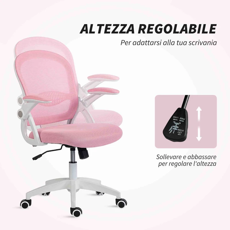Vinsetto Sedia da Ufficio Ergonomica e Regolabile con Schienale a Rete e Seduta Imbottita, 65.5x61.5x88-97.5 cm, Rosa