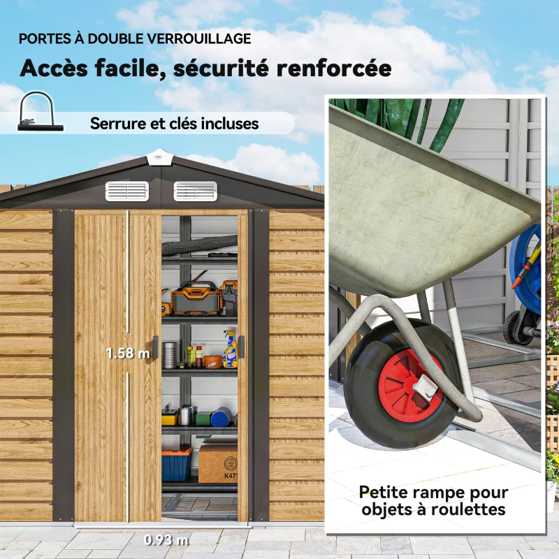 Outsunny Abri de jardin 2,36 m², cabane de jardin exterieur en acier galvanisé facile à monter, 213x120x194cm chêne
