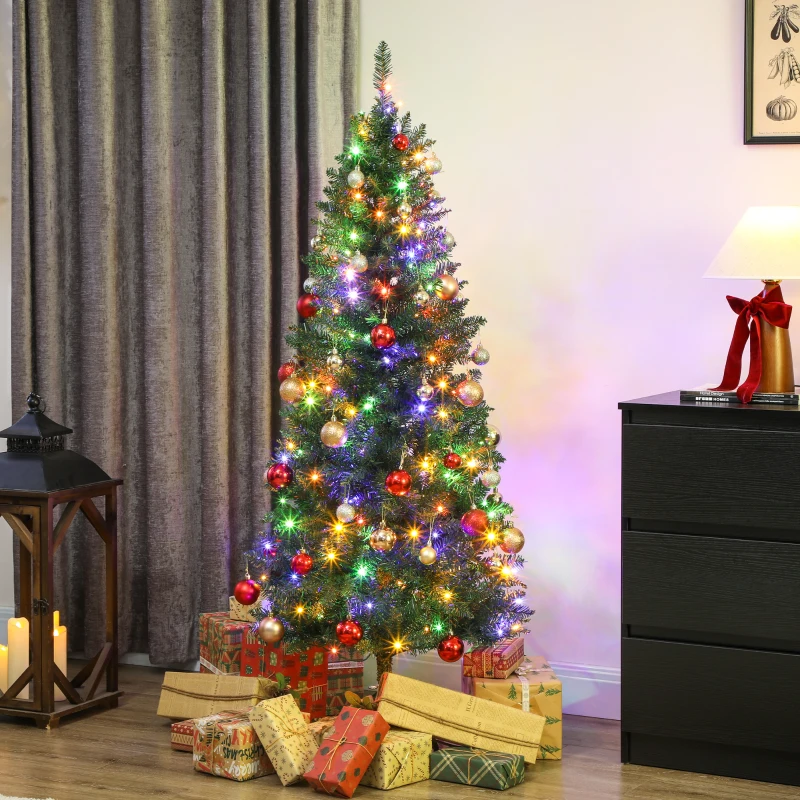 HOMCOM Sapin de Noël artificiel 150 cm, arbre de Noël fin avec 170 lumières, 635 pointes, support en métal pliable, vert