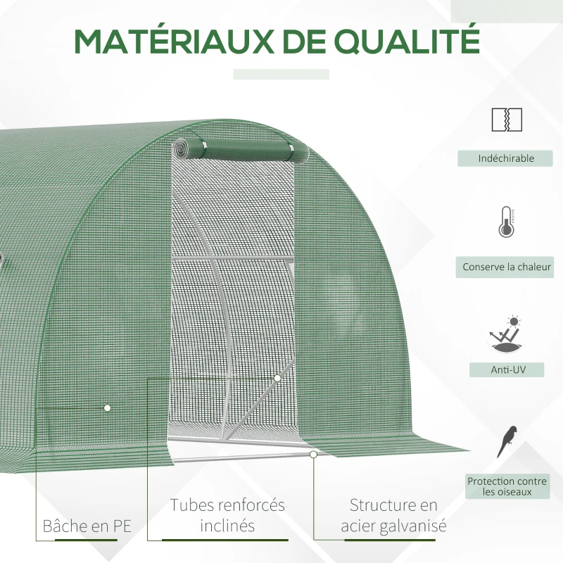Outsunny Serre de jardin tunnel 13,5 m² 6 fenêtres porte zippée enroulable châssis acier galvanisé bâche PE 4,5 x 3 x 2 m vert