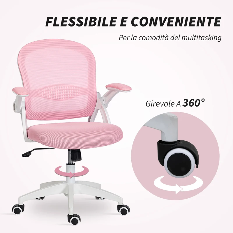 Vinsetto Sedia da Ufficio Ergonomica e Regolabile con Schienale a Rete e Seduta Imbottita, 65.5x61.5x88-97.5 cm, Rosa