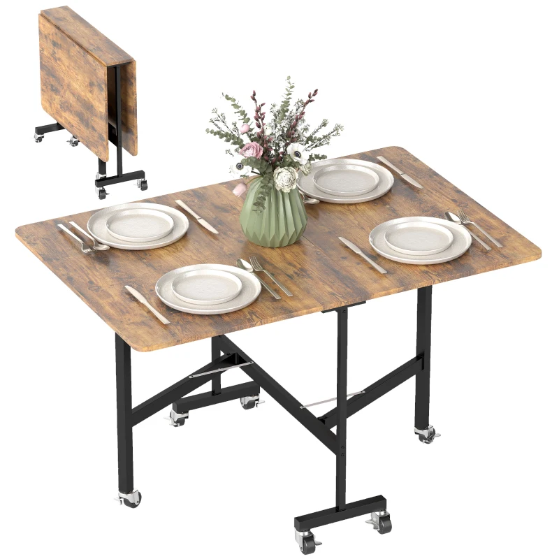 HOMCOM Six-Seater Drop-Leaf Dining Table, with Wheels - Brown Wood-Effect