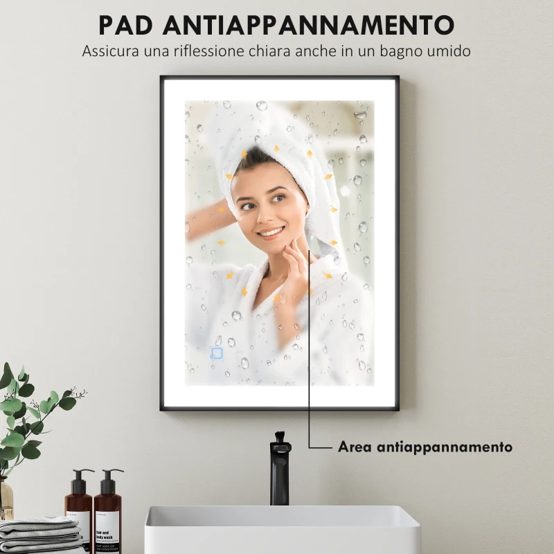 HOMCOM Specchio da Bagno Illuminato a LED con Colore e Temperatura Regolabile e Cornice in Alluminio, 70x3x50 cm, Nero